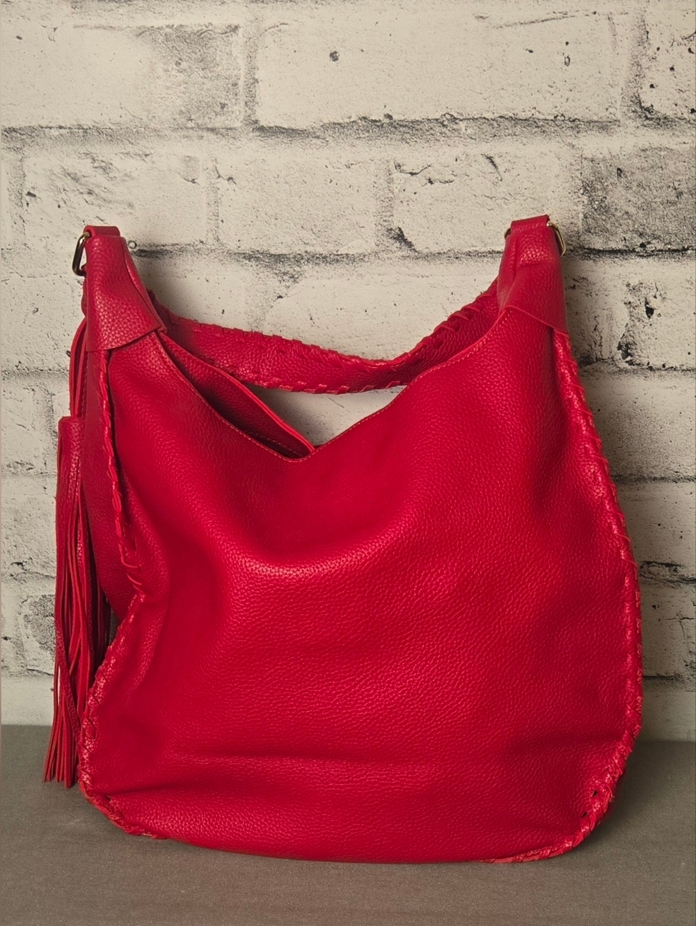 Mark & Hall Red Vegan Leather Hobo Bag Tassel Whipstitch Shoulder Purse